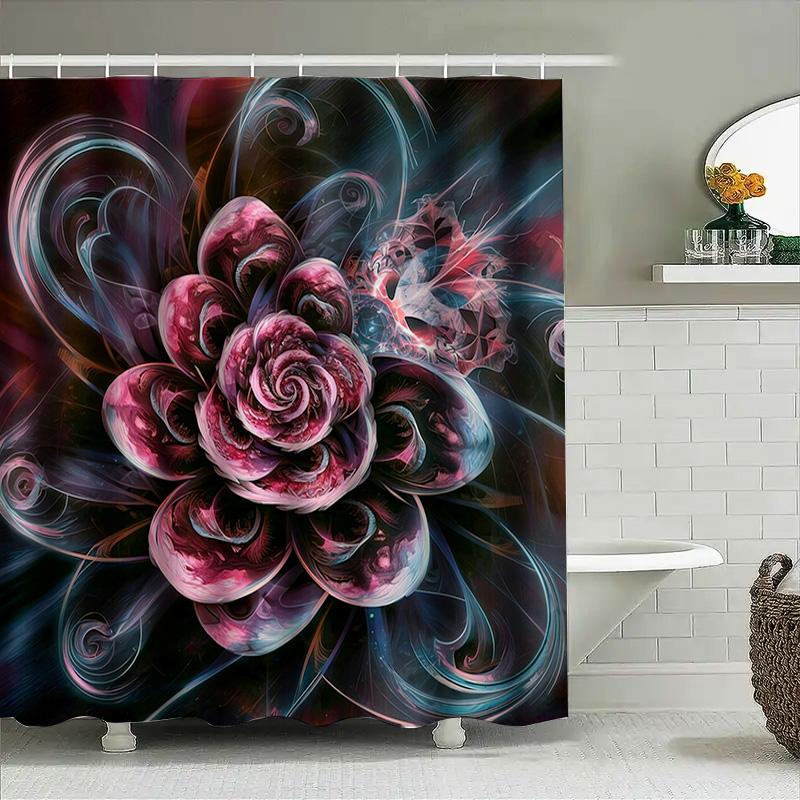 Luxury Floral Printed Shower Curtain Black Pink Blue Swirl Pattern Decorative Water Repellent Polyester Bath Rug Liner Set For B