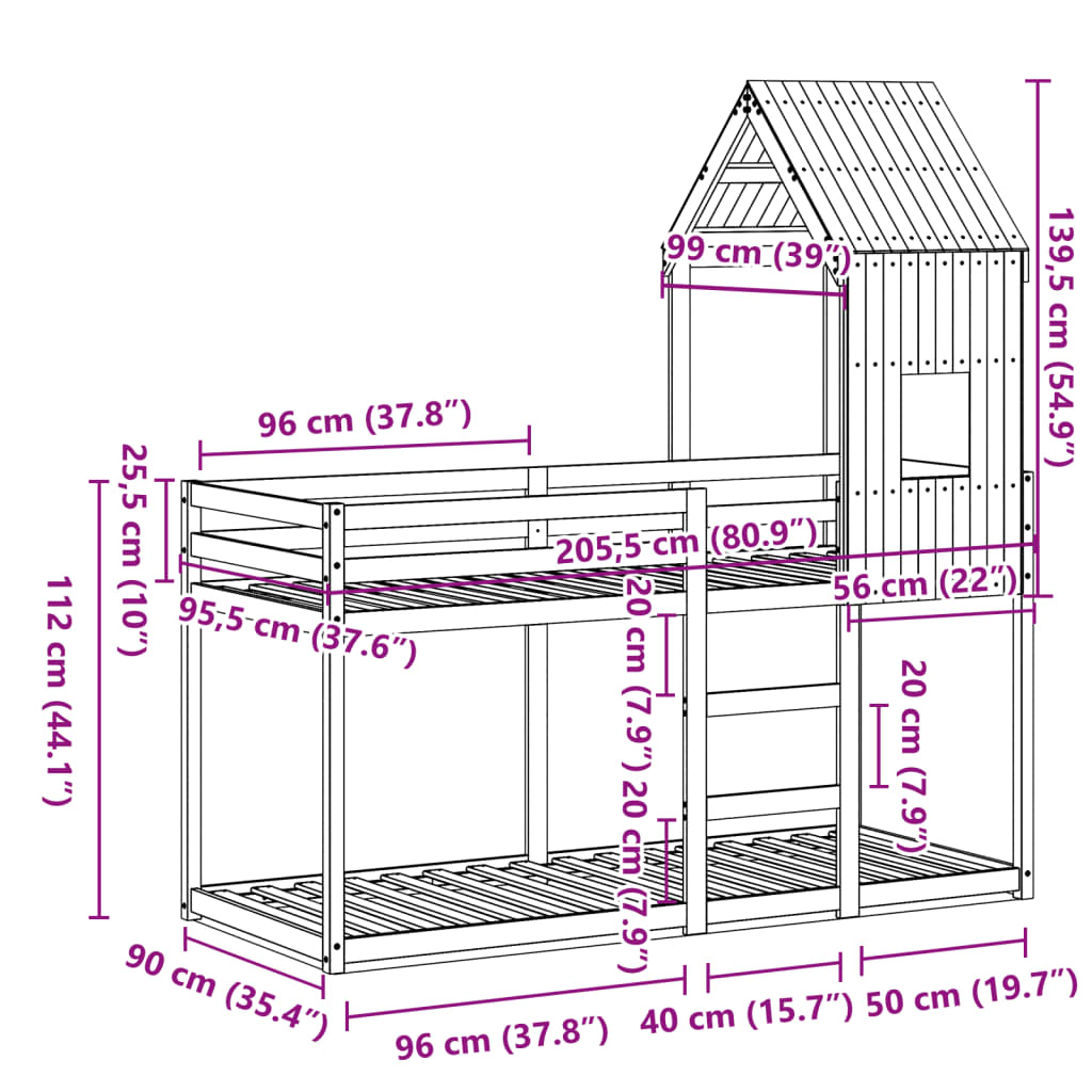 Bunk Bed with Roof Wax Brown 90x200 Cm Solid Pine Wood