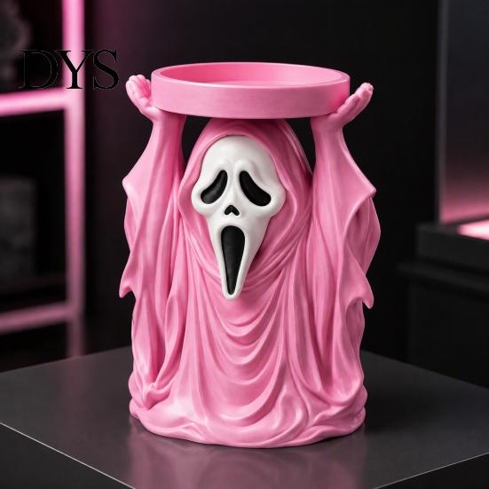 Creepy Figurine Ornament Halloween Grim Reaper Candle Holder, Spooky Screaming Ghost Candlestick Tealight Themed Night Light Stand Table Centerpiece