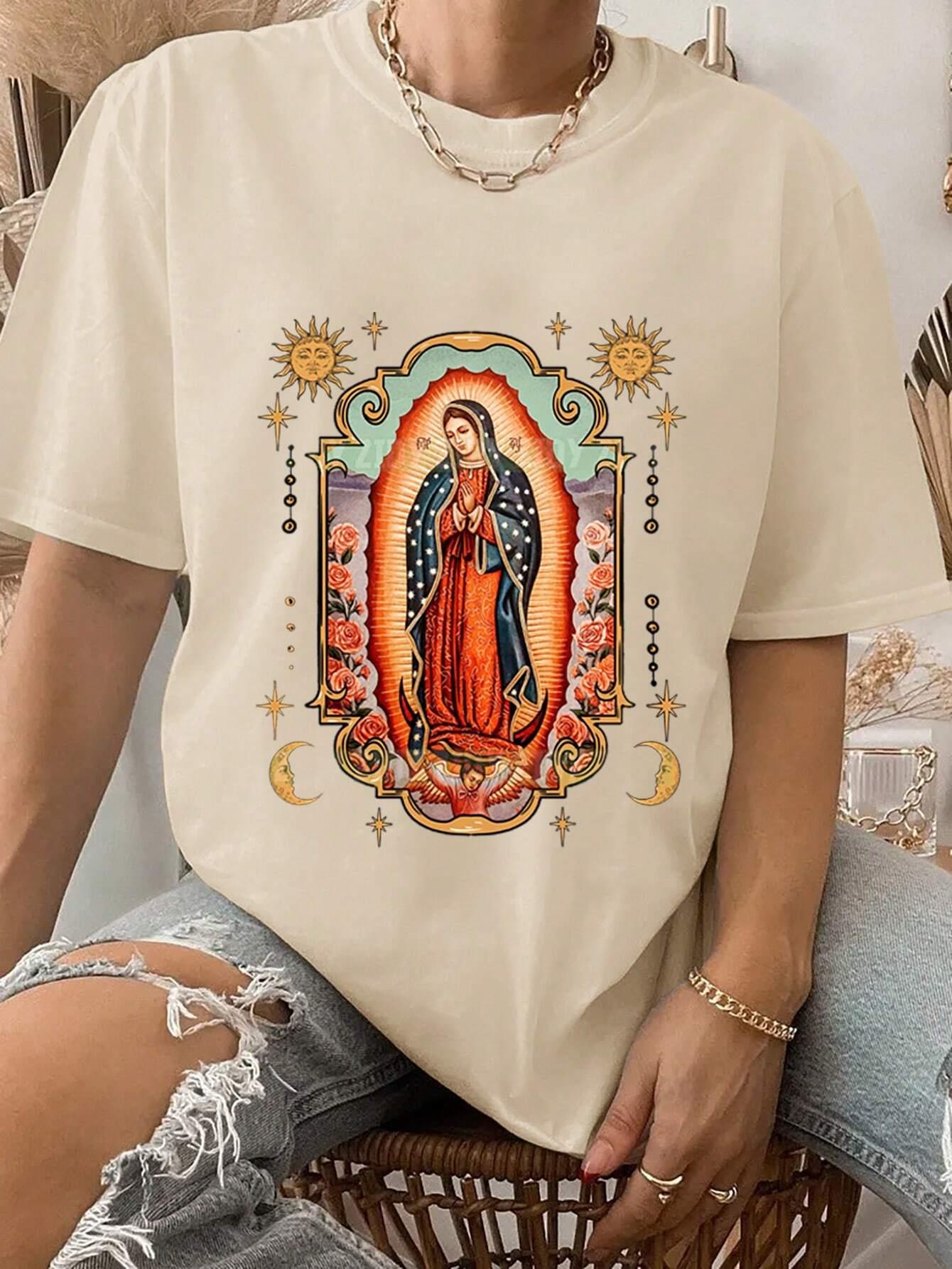 

100 Cotton Women Tshirt Our Lady Of Guadalupe Printed Tee Shirt Summer Comfortable Loose Tops Street Fashion Female Clothes S