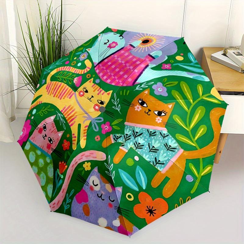 1pc Cat Garden Automatic Umbrella   Auto Open/Close Folding Umbrella with  8 Rib Frame, 3 Fold Compact Umbrella for Men & Women, 135