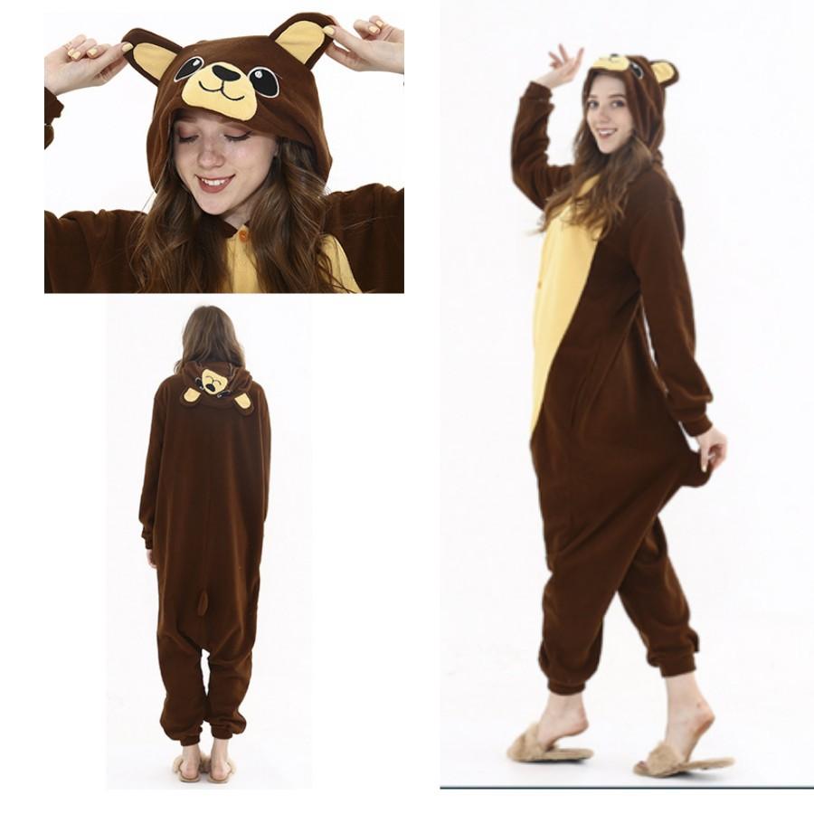 Autumn And Winter Cartoon Animal One-Piece Pajamas Black Powder Bear Fleece Loungewear