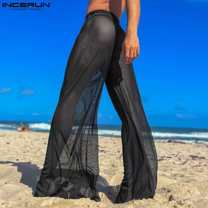 INCERUN Summer Men High Waist Transparent Pants Wide Leg Fishnet Trousers