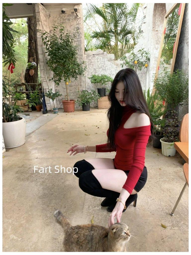 260g Cotton Modal American Spicy Girl High Neck Off-Shoulder Slimming Bodycon Waist-Cinched Chic Casual Top