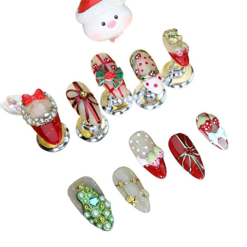 Handmade Press-On Nails Christmas Strawberry Design Red A3410 Almond Shape Women Winter Nail Art