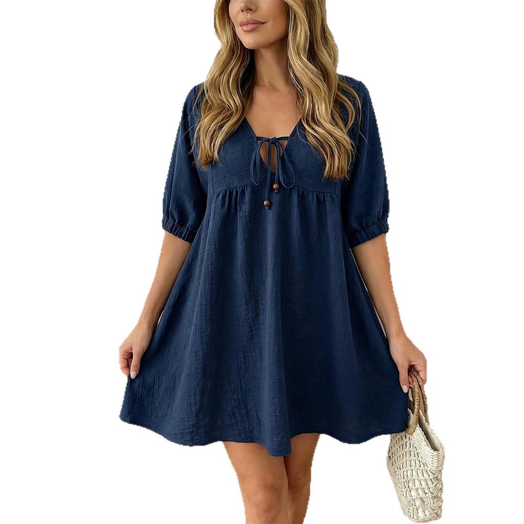 European and American women's clothing spring and summer new v-neck lace-up bubble sleeve Z-shaped dress women