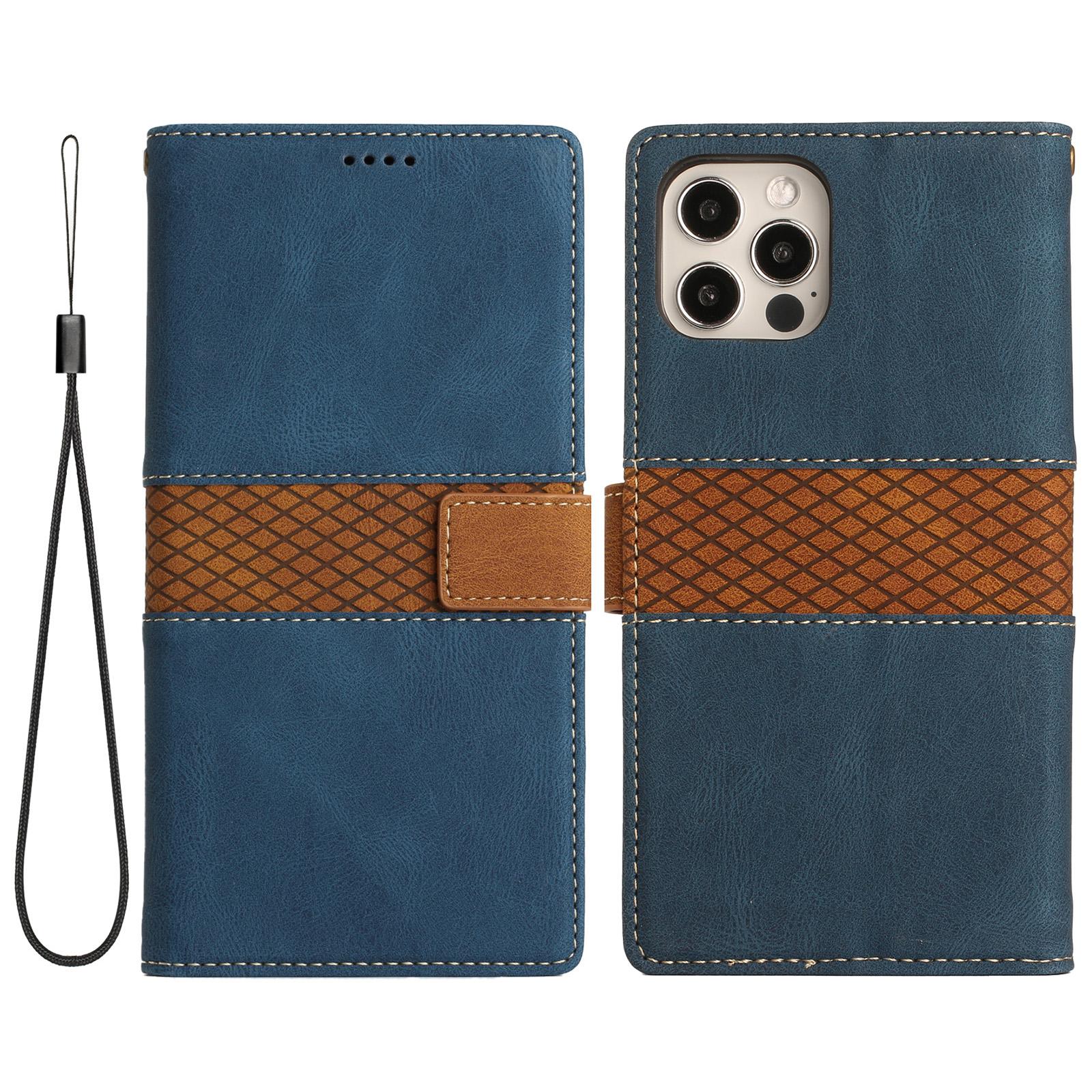 

For iPhone 16 Pro Case with Hand Strap Grid Splicing Leather Phone Wallet Cover Blue