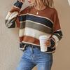 Women Sweater Round Neck Long Sleeve Knitted Tops Striped Print Loose Fit Soft Elastic Warm Winter Sweater