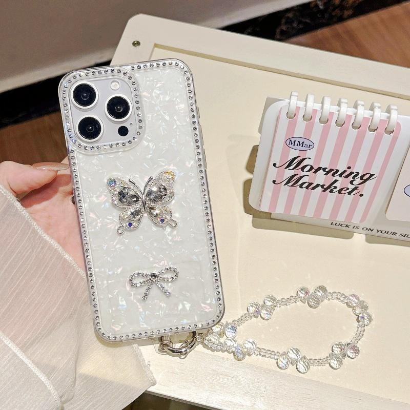 Diamond Case For iPhone 17 Pro Max 11 12 14 13 15 16 Plus Crystal Butterfly Short Chain Protect Glitter Bracelet Strap Cover