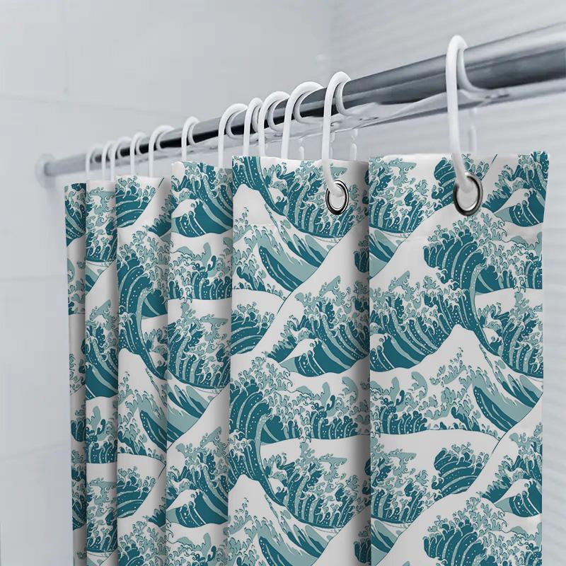 Unique Blue White Ocean Wave Shower Curtain For Bathroom Decor Printed Waterproof Fabric Bath Mat Cover With Rings Set (180X245C