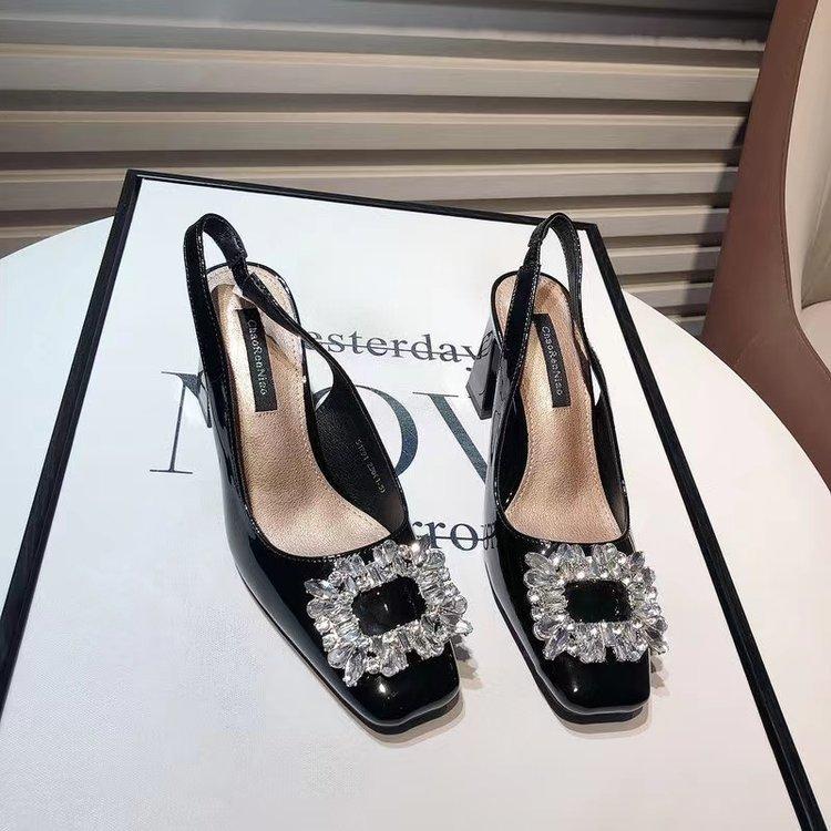 Celebrity Fan square head rhinestone square buckle high heels women 2025 new Internet celebrity word with patent leather thick heel empty shoes
