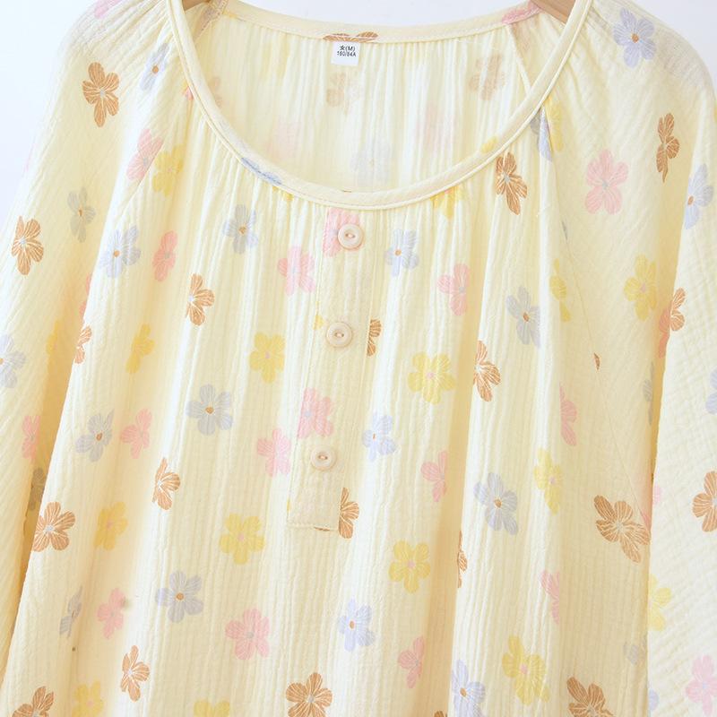 2026 New Women's Spring/Summer Sleeping Skirt 100% Cotton Crepe Cloth Skirt Round Neck Five Sleeve Loose Sweet Home Dress