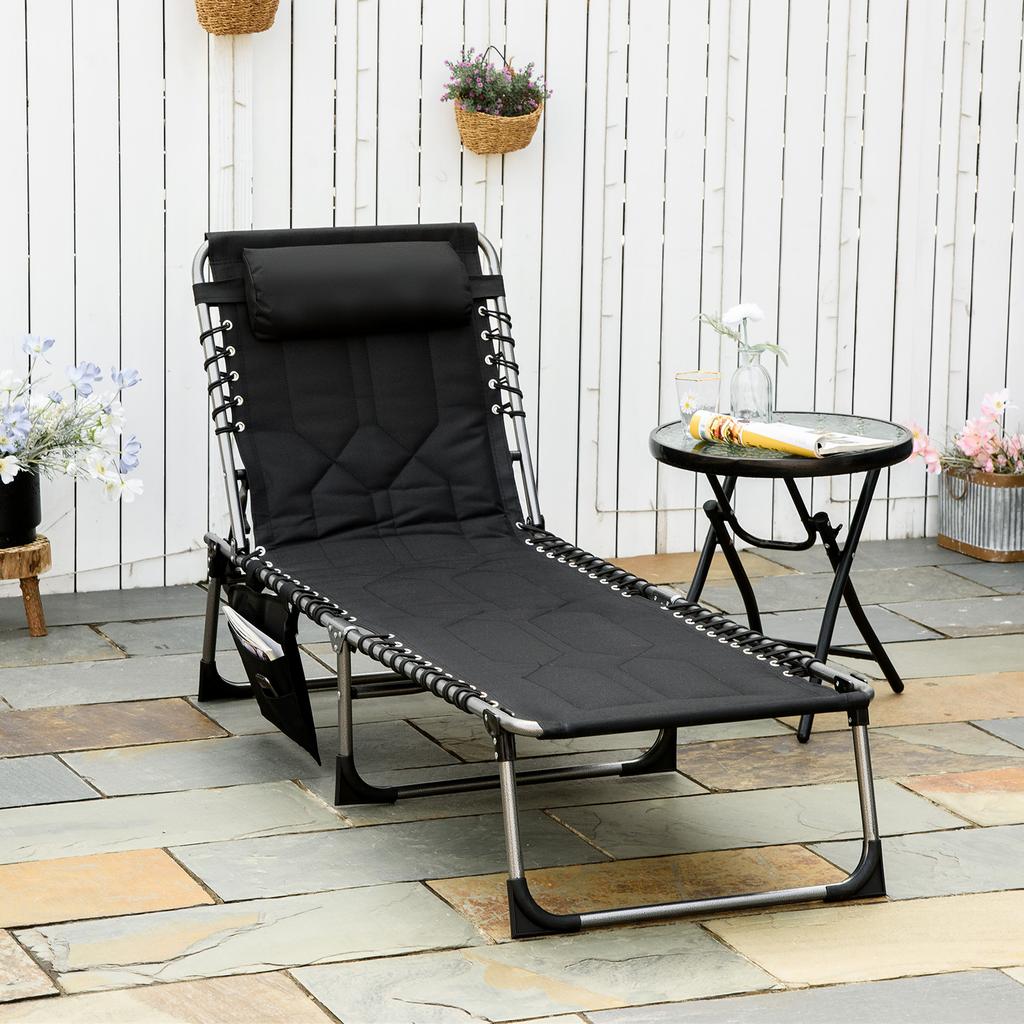 Sun Lounger, Foldable Garden Lounger with Headrest Pillow, Side Pocket, Deck Chair with 5-Way Adjustable Backrest