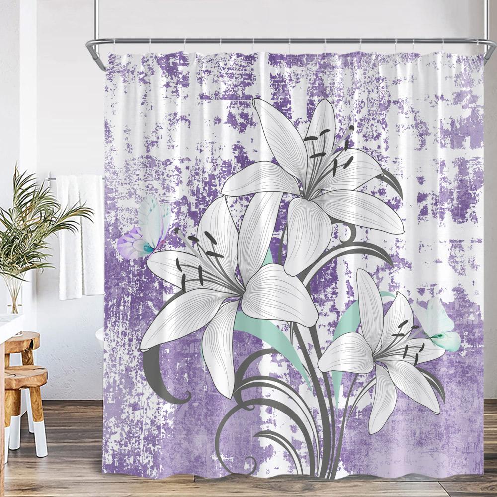 Lily Flower Vintage Shower Curtain White Lilies Floral Colorful Background Nature Plant Bath Decor Art Polyester Bathtub Curtain