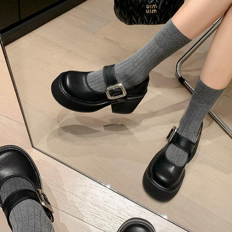 

2025 spring new British style big head women s shoes sweet high heels black thin shallow mouth Mary Jane shoes women 35