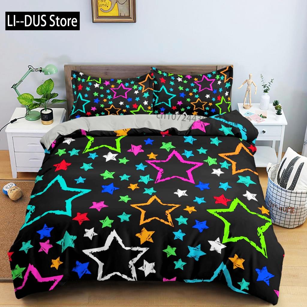 Juego de Funda Nórdica de Estrellas Coloridas Microfibra Estrellas Amarillas Rosas Juego de Cama Suave Tamaño Individual King Queen Twin 2/3 piezas Funda de Edredón