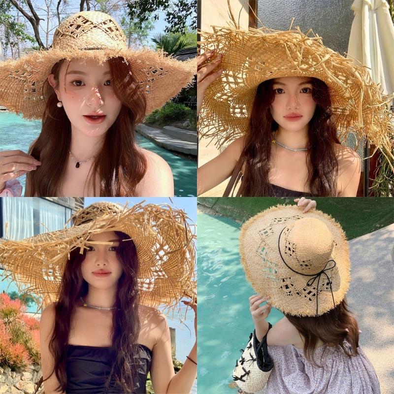 Elegant Raffia Sun Hat With Wide Brimmed And Breathable Openwork Design For Beach Vacation And Outdoor Activities
