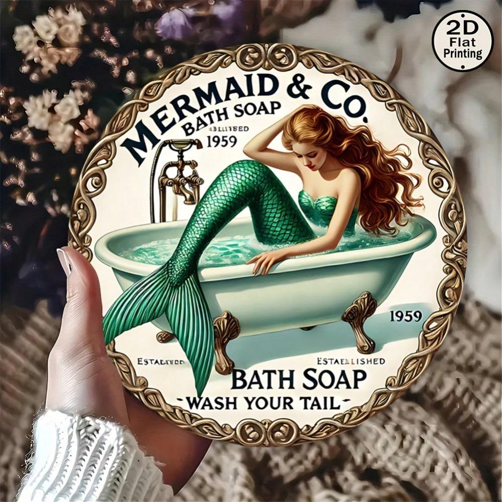 Mermaid Metal Tin Sign Rustic Bathroom Decor Vintage Round Wall Art Gift