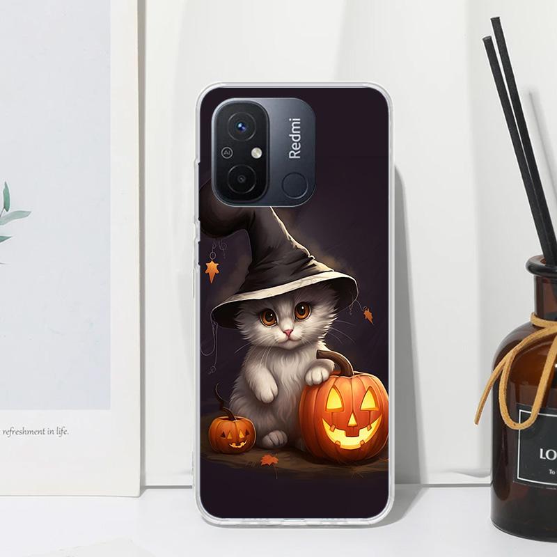 Black Kitten Halloween Pumpkin Phone Case For Xiaomi Redmi 12C 12 10C 10A 10 9C 9A 9T 9 8A 8 7A 7 6A 6 Pro K70 K40 K20 Fundas Ba