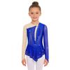 Girls Figure Skating Dance Dress: Long Sleeves Finger Holes Keyhole Back Mesh Patchwork Shiny Rhinestones Asymmetrical Hem