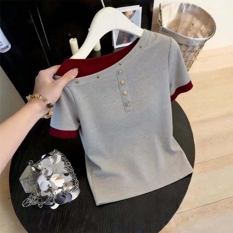 Women Slant Collar Color Block Fake Two Piece Short Sleeve Slim T Shirt