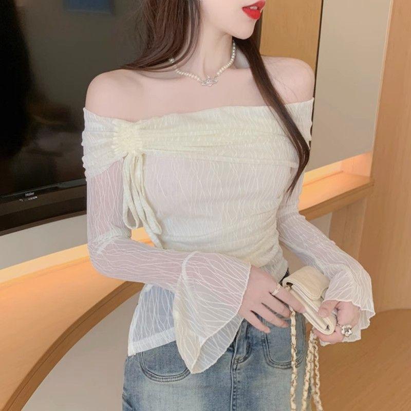 Drawstring Pleated One-shoulder T-shirt for Women's Spring Design Irregular Apricot Sunscreen Shirt Slim Long-sleeved Top