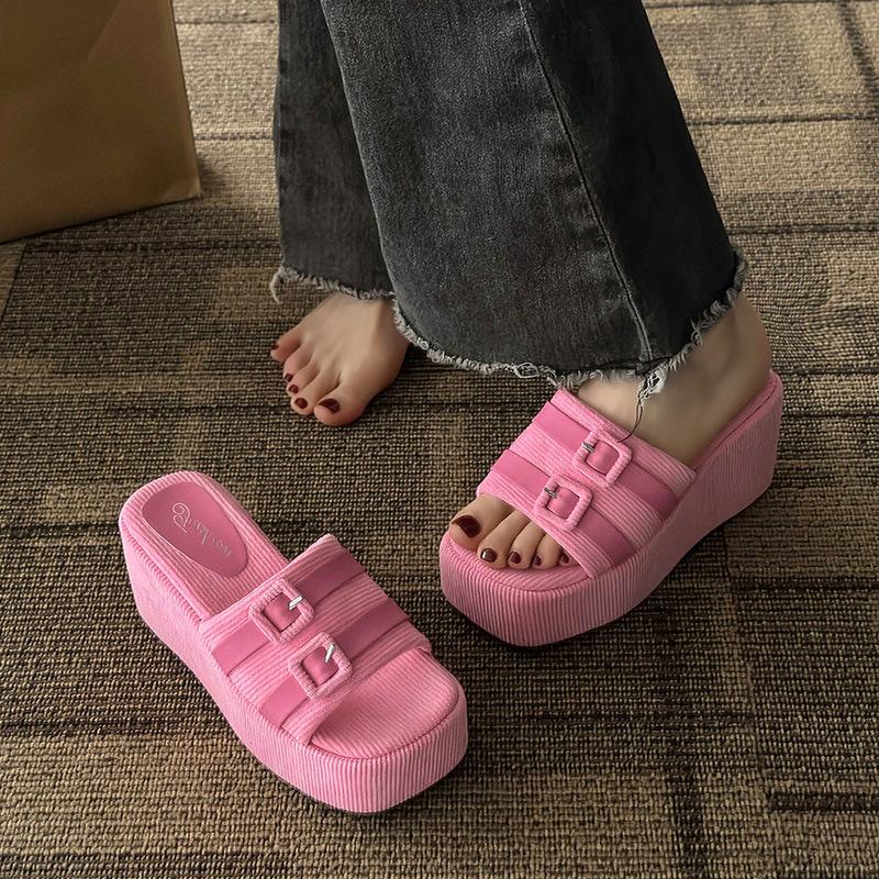 Hausschuhe Damen Oberbekleidung Sommer neu vielseitig Damen Schuhe eckige Schnalle Muffin dicker Boden Ein-Wort-Schlepp