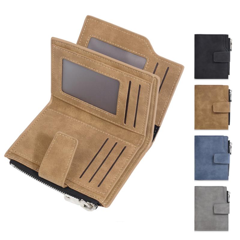 Men Tirfold Short Wallet Multi-Slot Money Clip Simple Vertical Zipper Card Holder Purse