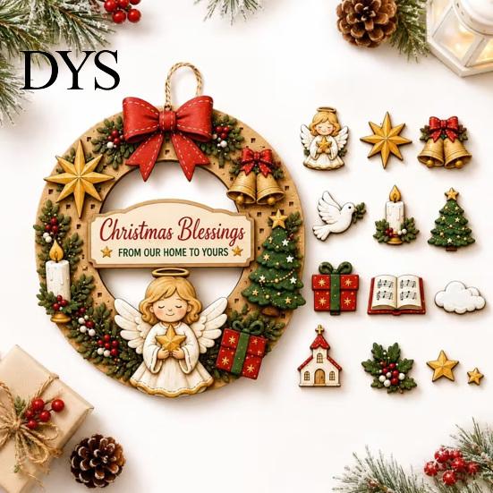 Indoor Outdoor Festive Decor Interchangeable Wooden Christmas Wreath, 12 Pcs Front Door Plaque, DIY Party Wall Accents Handmade Pattern Hanging Wreath