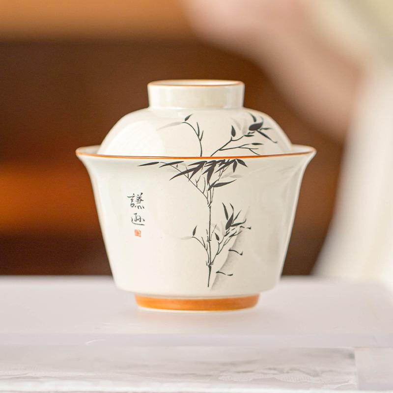 Plant and Wood Ash Ercai Cover Bowl, Ink Bamboo Gathering Wealth with Cover, Tea Bowl Ceramic Drinking Cup, Single Tea Set