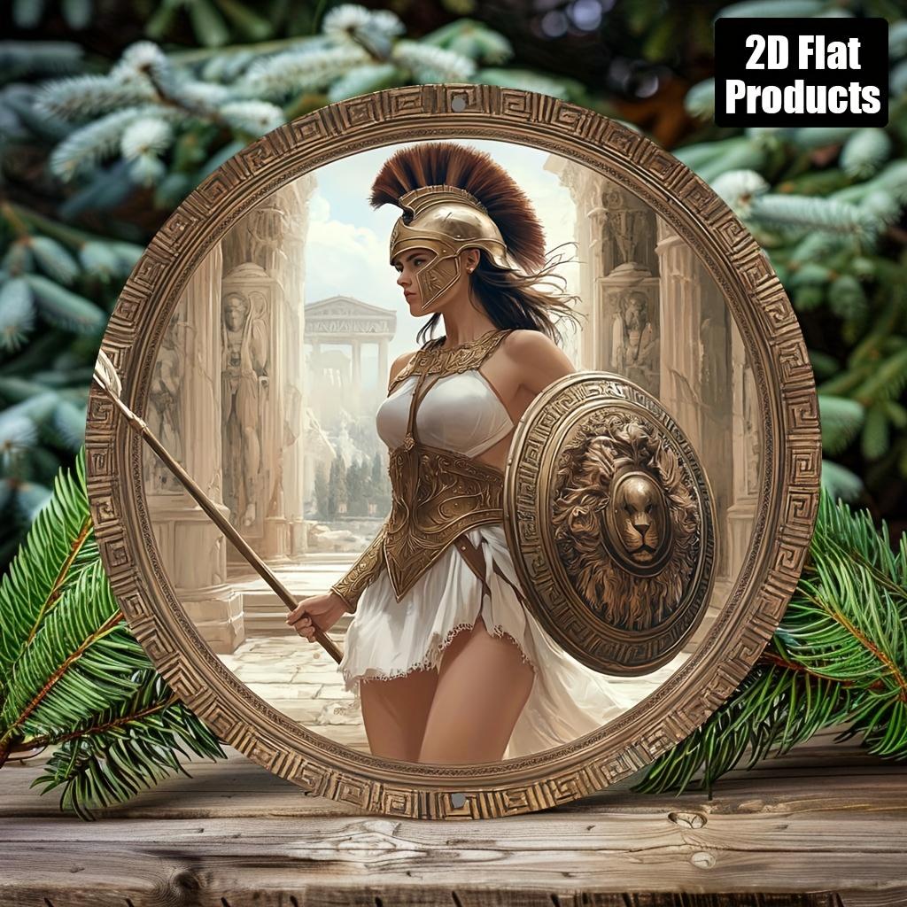 D Flat Greek Spartan Warrior Woman Round Tin Sign Ancient Greek Goddess Athena Lion Shield Art Metal Wall Decor for Home Gam 20x20cm(8x8inch)