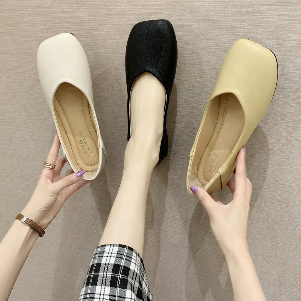 New comfortable soft sole two wear single shoes female autumn fairy wind square head flat sole grandma shoes shallow mouth bean shoes female
