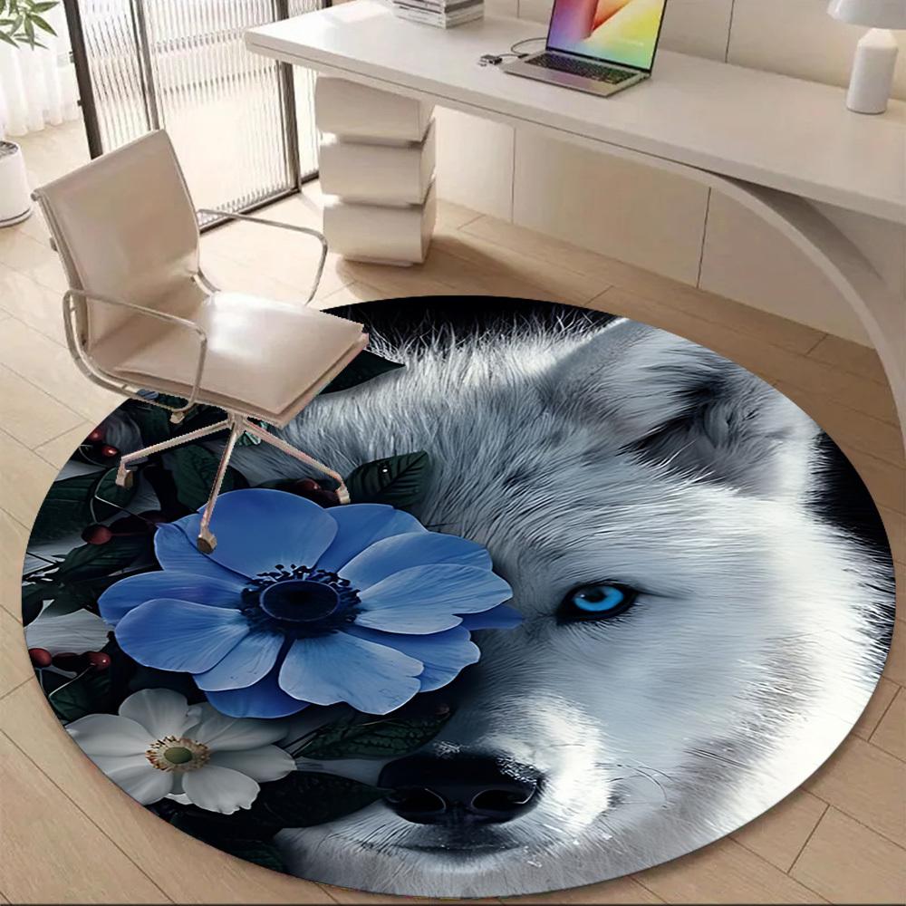1pc Wolf Flowers Office Round Area Rug, Indoor Mat Suitable ForOffice, Under Office Chairs Bedroom Living Room Home Decor, Room Deco T183