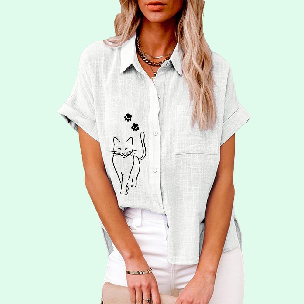 Plus Size Women Fashion Print Blouse Loose Buttoned Short Sleeve Shirt Ladies Casual Linen T-shirt Ladies