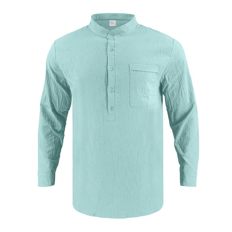 Linen T-Shirt Men Henley Neck Pocket Casual Beach Long Sleeve Solid Color Male Tops Vintage Streetwear TShirts