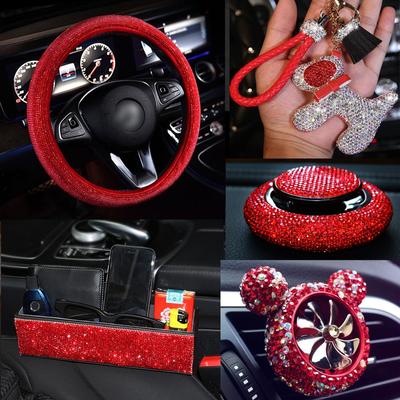 Luksusowe czerwone Rhinestone Diamante pokrowce na kierownicę samochodową dla dziewczynek kryształowe akcesoria do wnętrz samochodowych uchwyt na chusteczki klipsy wentylacyjne