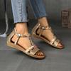 Fashion 2025 Summer Bohemian Ethnic Sandals Woman Zipper Roman Women'S Plus Size Flat Sandals Leather Velvet Shoes Rome Flock Pu Slides