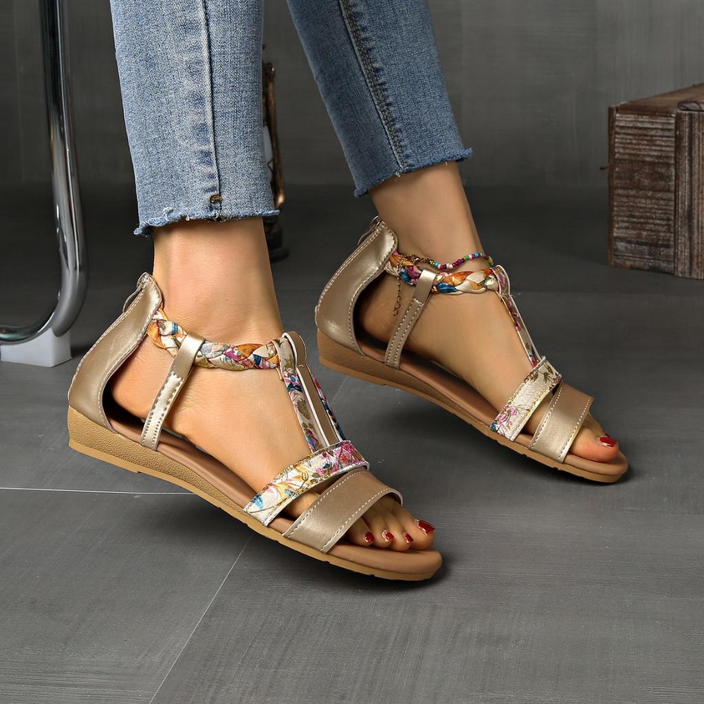 Fashion 2025 Summer Bohemian Ethnic Sandals Woman Zipper Roman Women'S Plus Size Flat Sandals Leather Velvet Shoes Rome Flock Pu Slides