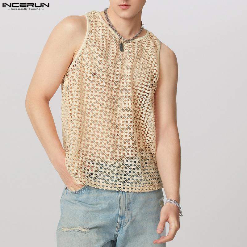 INCERUN Men Summer Hollow Sleeveless Vest Casual Loose Party Beach Net Yarn Tank Tops