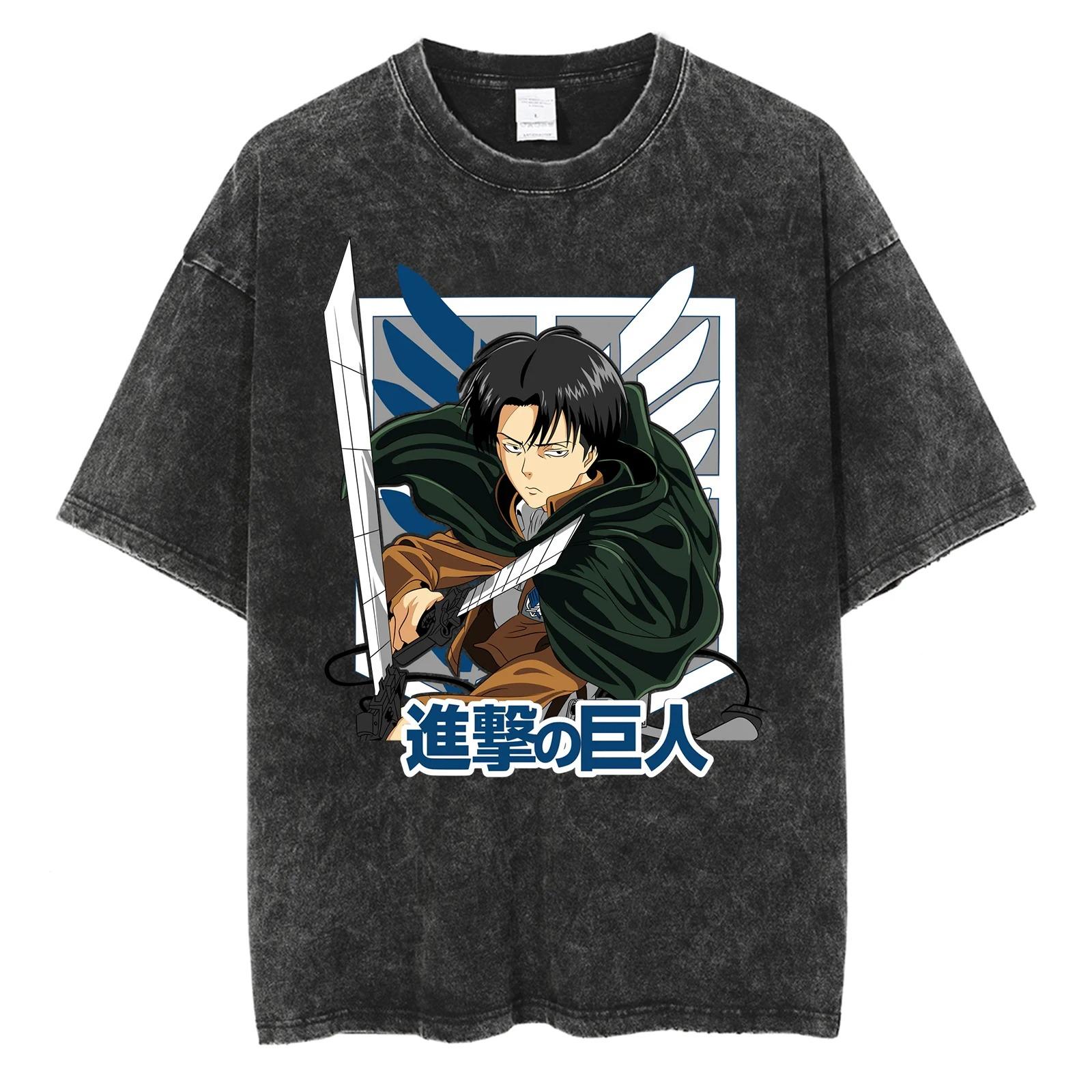 Оверсайз винтажная футболка с коротким рукавом кислотной стирки с ретро-графическим принтом Леви Аккермана из «Атаки титанов» L