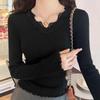 Fashion V Neck Lace Splice Knitted Bottoming Shirt Women's Elegant Casual New Slim Fitting Top Elegant Solid Color Sweet Long Sleeve Clothing