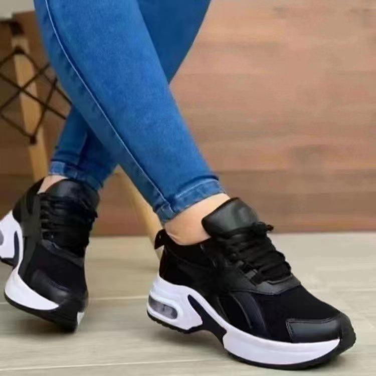 Plus Size Women's Low-Top Mid-Heel Mesh Casual Sneakers with Round Toe and Lace-Up Design - European and American Style