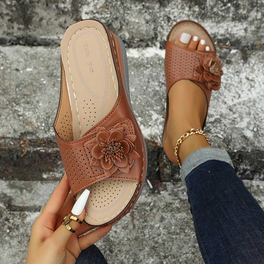 Womens Low Heel Sandals Size 8 Ladies Fashion Solid Color Cutout Leather Flower Open Toe Wedge Platform Sandals For Woman