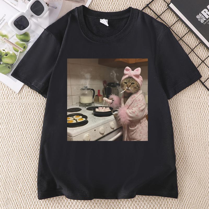 Funny Housewife Cat TShirt Vintage Cat Gen Z Joke TShirts Funny Kitty Cool Short Sleeve Tshirts Unisex Funny Clothing Tops