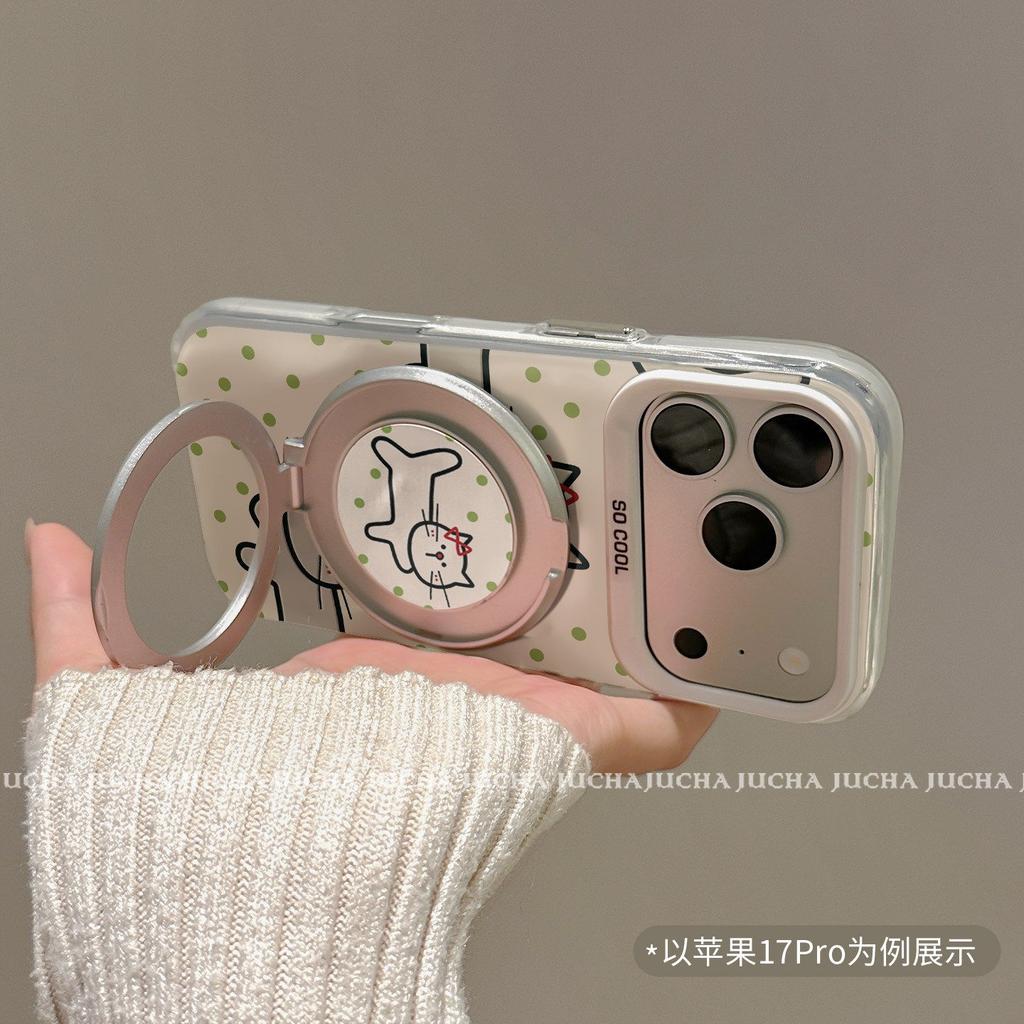Applicable to Apple 17promax mobile phone case with bracket new iphone16 personalized cartoon polka dot dancing cat