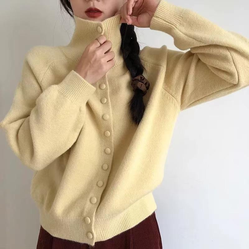 Autumn Winter Turtleneck Knitted Cardigan Women's Sweater Fashion Elegant Loose Long Sleeve Jackets New Retro Korean Style Office Casual Simple Coats