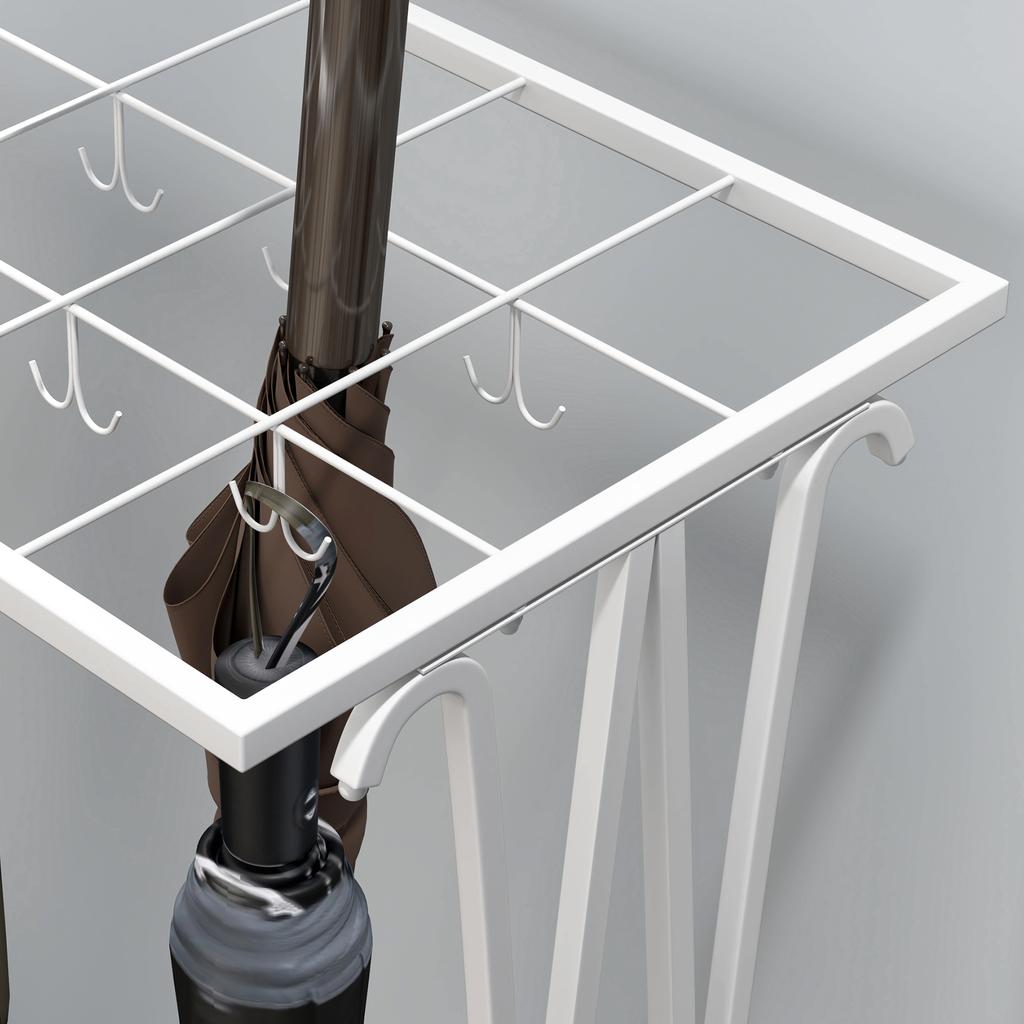 Umbrella Stand with Removable Drip Water Tray, Umbrella Stand with 21 Openings and 24 Hooks, Steel, White