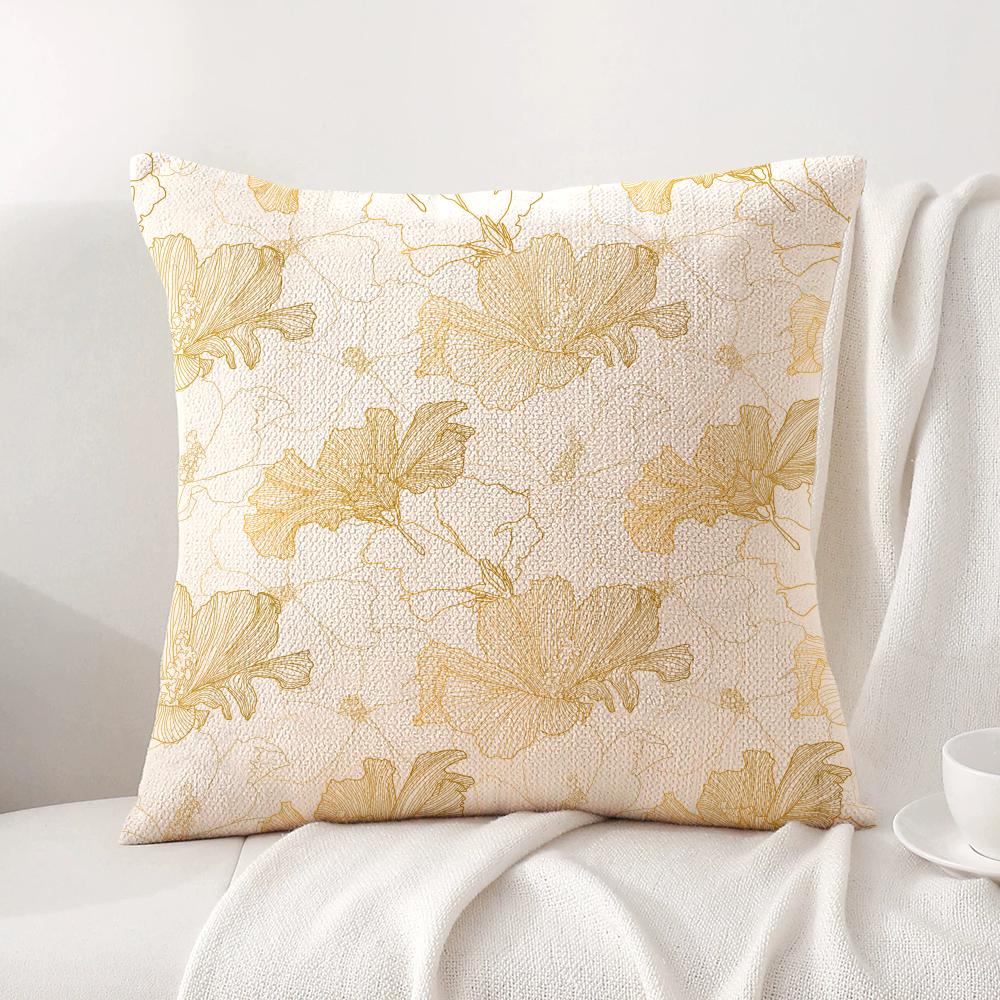 Gold Leaf Flower Cushion Cover Natural Linen Organic Fabric Double-Sided Printing Sofa Home Decor Gift Pillow Cover