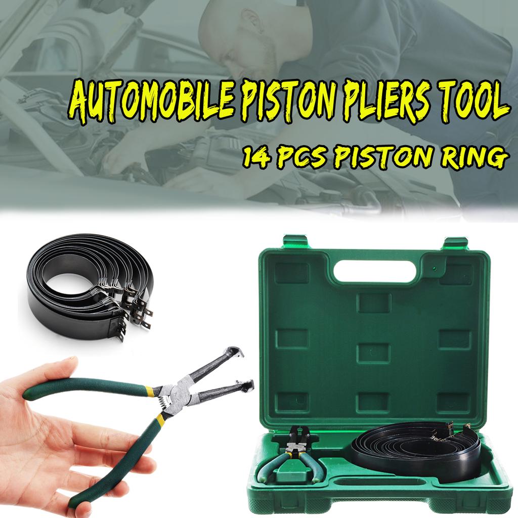 Engine Piston Ring Compressor Tool Set w Pliers and 14 Bands Car Repair 62-140mm