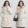 European Women's Over-the-Knee Down Cotton Jacket - Long, Waist-Cinched, Thickened Winter Outerwear.